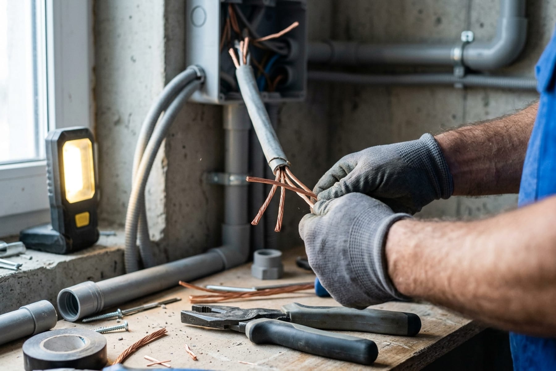 Coupe photographiée de fils cuivre et de gaines électriques